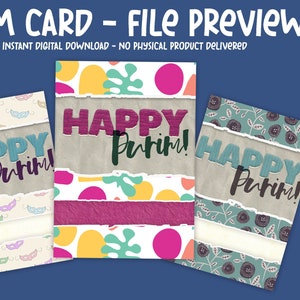 Cartões de Purim para impressão com recorte de papel | Cartões Flat English Happy Purim em formato JPG | 4x6 E 5x7 | Crie tags e rótulos temáticos