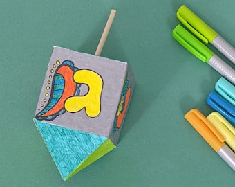 Papier Dreidel für Chanukka | Chanukka Bastelvorlage und Malseite für große Kinder und Erwachsene | Druckbare PDF- und PNG-Bevorzugungsboxen