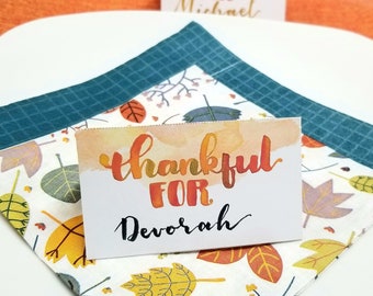 Printable Thanksgiving Place Cards Instant Download PDF - Thankful For Tent Card  - Hand drawn autumn Watercolor Art