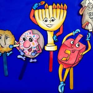 Marionette di Hanukkah a colori - Marionette di carta PDF stampabile per le tradizioni di Chanukah - Insegna Hannukah Dreidel Menorah Latkes e olio d'oliva