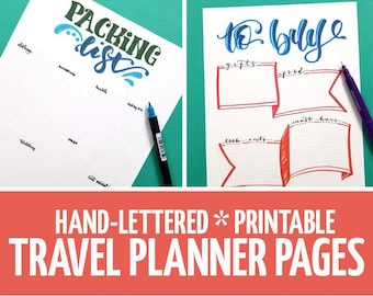 Travel Planner Printable Inserts - Dot Grid Journal - with handmade Brush Lettering titles - Traveling with Kids Guide