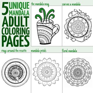 Hand Drawn Mandala Adult Coloring Pages - 5 Printable Detailed Crafty, Floral, Coffee Mandala Colouring for Grown-ups - Digital Download
