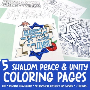 May include: Five black and white coloring pages with a theme of peace and unity. The pages feature a Star of David, a dove, and the words "The Nation of Israel Lives" in Hebrew. The text "5 Shalom Peace & Unity Coloring Pages" is at the bottom of the image.