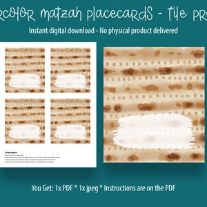 Cartes de visite imprimables pour la Pâque Décor de table d'impression Matzah aquarelle Téléchargement instantané PDF Marque-places Décorations de table Seder image 2