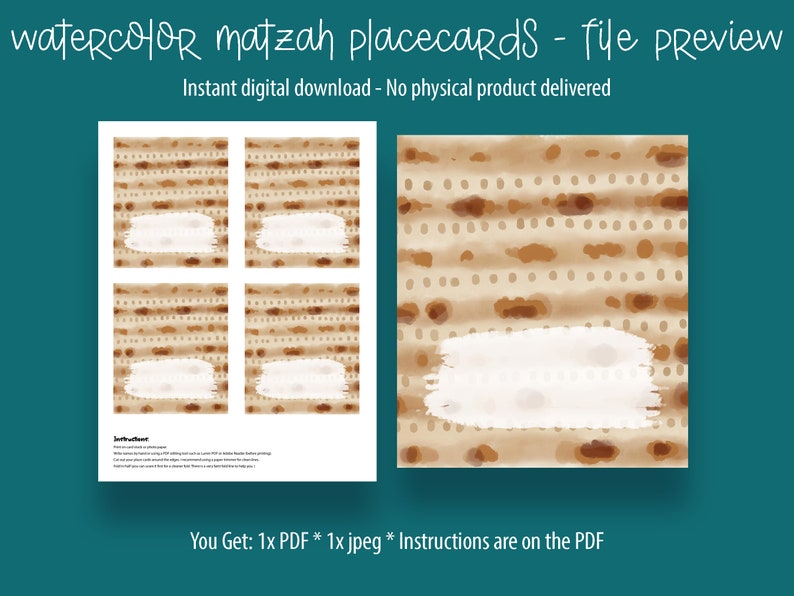 Cartes de visite imprimables pour la Pâque Décor de table d'impression Matzah aquarelle Téléchargement instantané PDF Marque-places Décorations de table Seder image 2