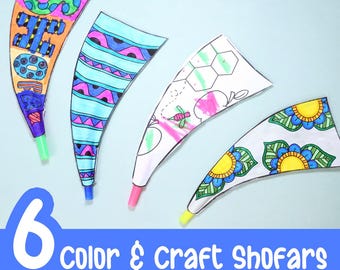 Shofar para colorear y hacer manualidades para Rosh Hashaná / Páginas para colorear para el Año Nuevo judío / Niños pequeños, preescolares y mayores / Plantilla de juguete de papel para las Altas Fiestas Judías