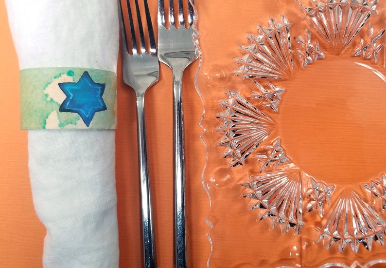 Star of David Napkin Rings for Hanukkah or Bar Bat Mitzvah Printable Chanukah Table Decor with watercolor art Judaica Paper Napkin Wraps image 6
