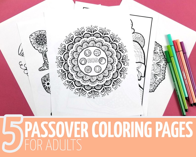 Passover Coloring Pages for Adults / Printable Pesach Jewish Holiday Crafts / For Teens and Grown-ups / Instant Download PDF image 1