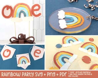 Rainbow One Birthday Party Kit |  SVG PNG & PDF | Layered Cut file for Rainbow Cake Topper, Banners, Decorations, Acrylic Keychains, favors