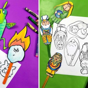 Passover Puppets PUPPETS Coloring Pages Duo printable Pesach character and ten plagues makkot puppets a Pesach activity and toy for kids image 1