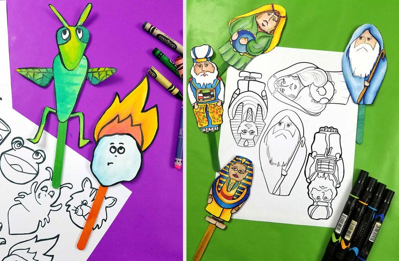 Passover Puppets PUPPETS Coloring Pages Duo printable Pesach character and ten plagues makkot puppets a Pesach activity and toy for kids image 1