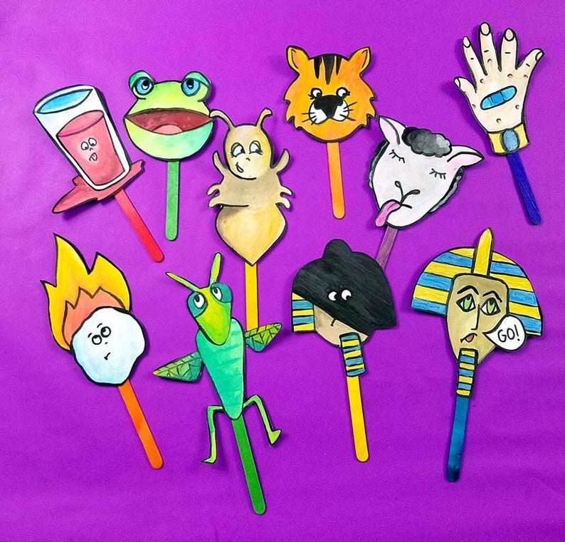 FULL COLOR Ten Plagues PUPPETS fun printable passover puppets a Pesach toy for kids Color Version Instant Download image 1