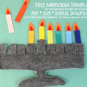 May include: A felt menorah template for a DIY toy menorah. The template includes a base and seven candles in various colours, including yellow, orange, green, blue, and pink. The text "FELT MENORAH TEMPLATE" is at the top of the image. The text "DIY TOY MENORAH PATTERN AND INSTRUCTIONS" is below the title. The text "PDF * SVG * DIGITAL DOWNLOAD" is below the instructions. The text "THIS IS A PRINTABLE CRAFT TEMPLATE - NO PHYSICAL ITEM WILL BE DELIVERED" is below the download information.
