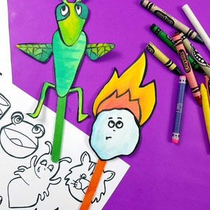 May include: A green grasshopper puppet with large eyes and wings, and a blue and white fire puppet with a stick attached to the bottom. Both puppets are on a white sheet of paper with black and white drawings of animals.