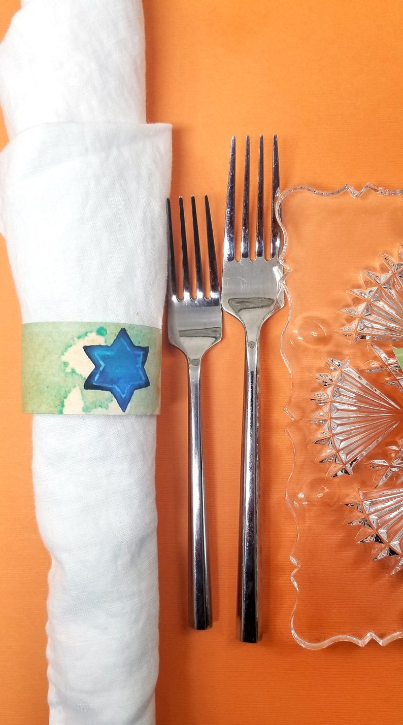 Star of David Napkin Rings for Hanukkah or Bar Bat Mitzvah Printable Chanukah Table Decor with watercolor art Judaica Paper Napkin Wraps image 1