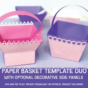 Papierkorb Vorlage Duo | 3D Papierkorb SVGs mit optionalen dekorativen Panels zum Personalisieren | Ostern Purim oder Hochzeit Gunst Korb