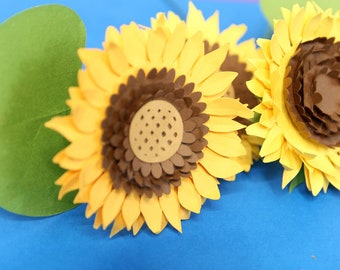 Plantillas SVG y PDF de girasol de papel / Archivo de corte para un girasol de cartulina 3D con 2 opciones centrales + con tallo y hojas