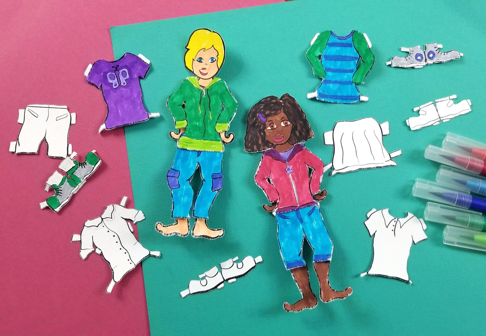 Printable Paper Dolls for Boys & Girls Spring Dress up Paper Craft Template Coloring Pages for