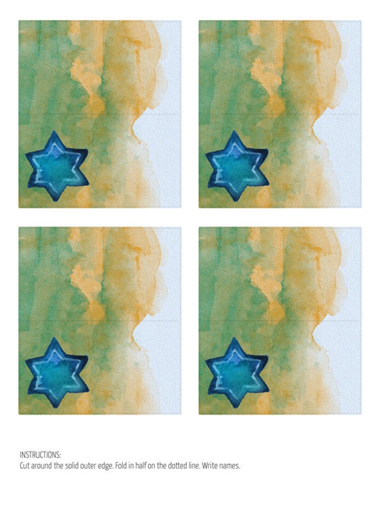 Star of David Table Decorations for Hanukkah Printable Chanukah Napkin Ring and Place Card Table Decor with Judaica watercolor art image 3