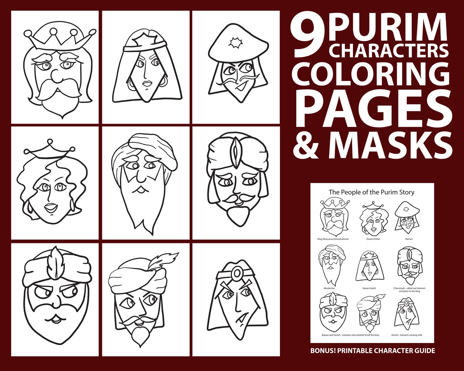 9 PURIM Mask Templates and Coloring Pages Purim Story Characters