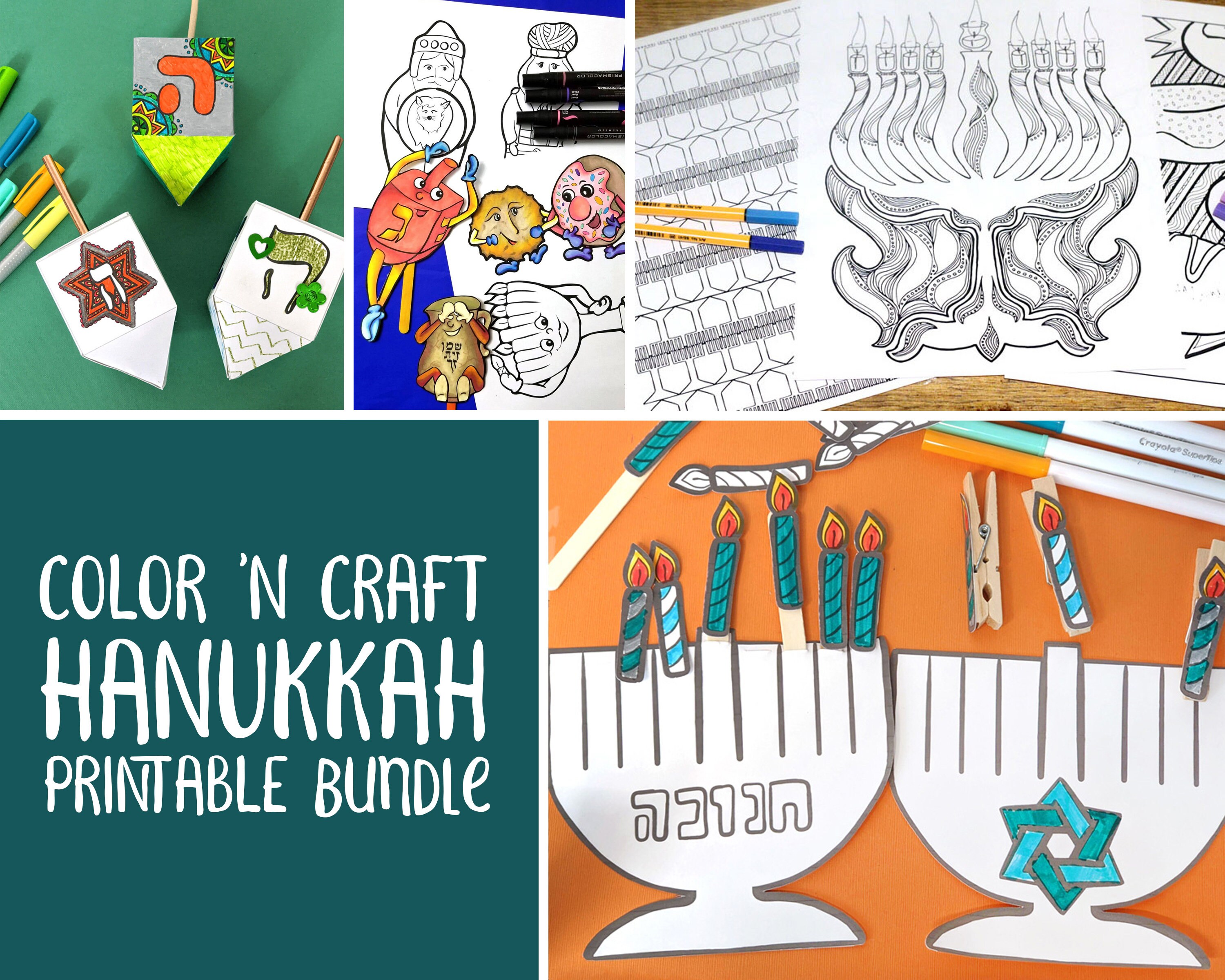 Hanukkah Craft and Coloring Page Bundle | 4 Activities and Templates for Chanukah | for Kids and Adults