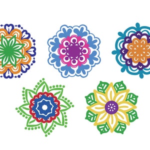May include: Six colorful mandala designs with intricate patterns. The mandalas are in shades of blue, green, orange, yellow, pink, purple, and red.