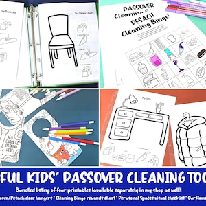 以下が含まれることがあります： ペサハの期間中に子供たちが使用する、印刷可能な清掃チェックリストのセット。チェックリストには、清掃ビンゴカード、個人スペースのチェックリスト、家のチェックリスト、ドアハンガーが含まれています。チェックリストは白黒で、一般的な清掃作業のイラストが描かれています。
