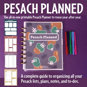 Op de afbeelding: Een printbare Pesach-planner met een kleurrijk abstract ontwerp. De planner bevat secties voor de eerste seder, inventaris, dagtrip-ideeën en een to-do-lijst. De tekst "Pesach Planned" staat op de omslag gedrukt.
