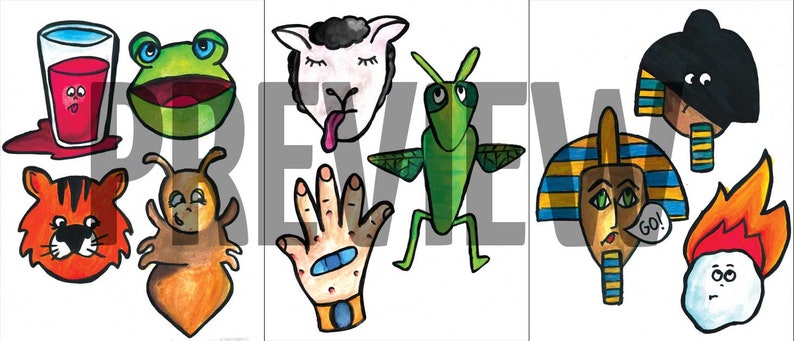 May include: A set of colorful cartoon illustrations featuring a glass of red juice, a frog, a sheep, a grasshopper, a hand with a bandage, a tiger, a worm, a pharaoh, and a snowman with a flame on top.