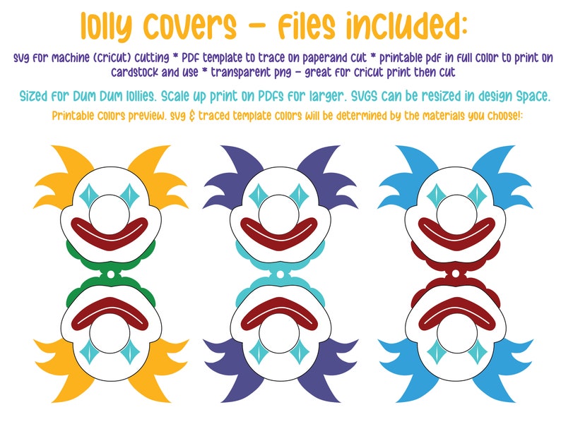 Purim Clown Lollipop Holder SVG Cut File / PDF Plantilla imprimible y PNG / Caramelos de fiesta de cumpleaños para Mishloach Manot imagen 2