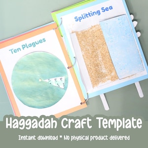 May include: A Haggadah craft template with pages titled "Ten Plagues" and "Splitting Sea." The pages are bound with metal rings and include illustrations and textures like sand. The text "Haggadah Craft Template" is displayed at the bottom of the image.