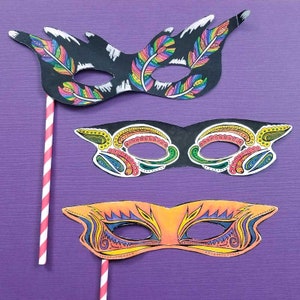 Mardi Gras Masks - Printable PDF Color-in Masks Paper Craft coloring page for kids teens and Adults for Purim Mardi Gras or Halloween