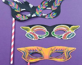 Mardi Gras Masks - Printable PDF Color-in Masks Paper Craft coloring page for kids teens and Adults for Purim Mardi Gras or Halloween