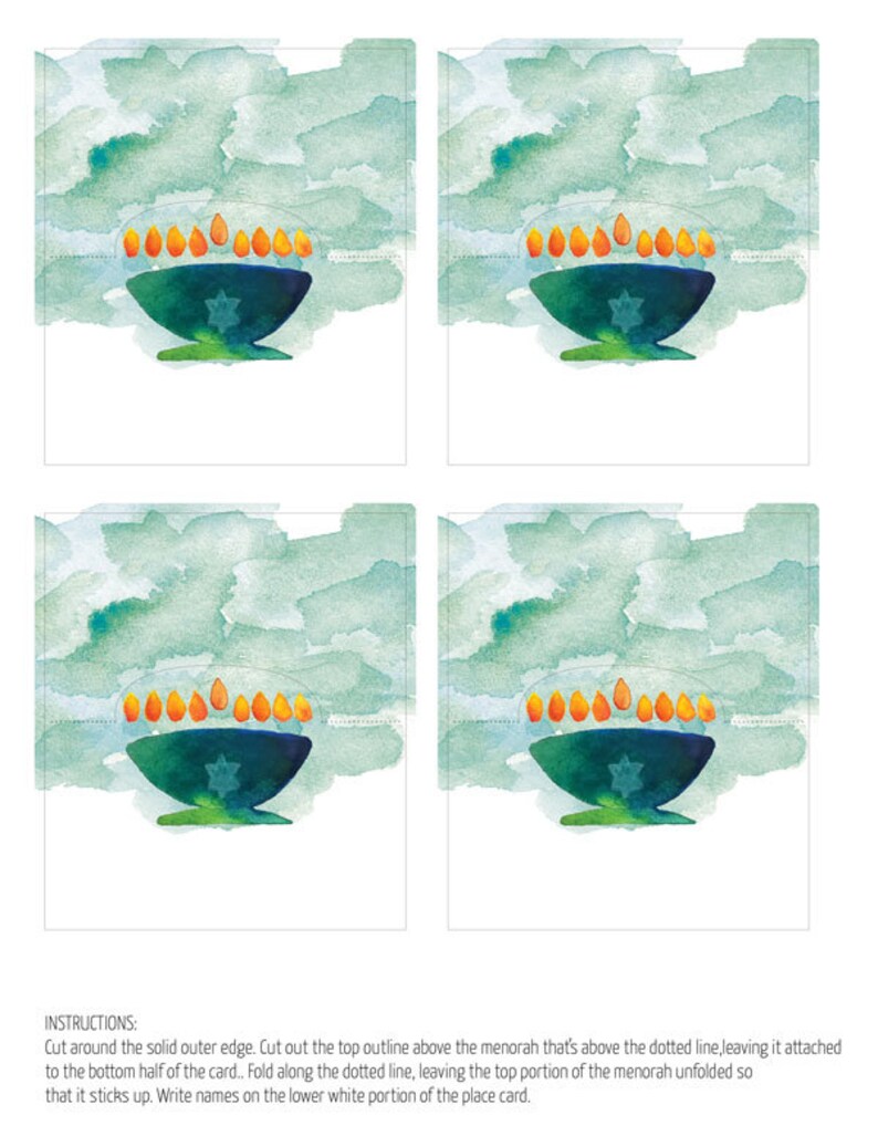 Menorah Place Cards for Hanukkah Printable Chanukah Table Decor with watercolor art image 2