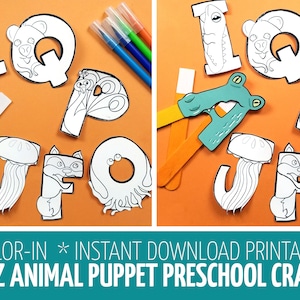 Alphabet Crafts for Toddlers and Preschool - Puppets Coloring Pages and Paper Toy Templates - Printable Alphabet Animals ABC -