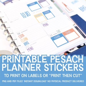 May include: Printable planner stickers for Pesach, featuring colorful labels with the words "Cook", "Clean", "Bake", "Eat", and "Menu". These stickers are designed to be printed on labels or cut out and used in a planner.