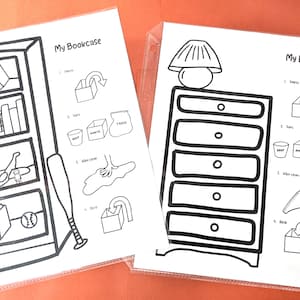Peut inclure: Feuille de travail imprimable en noir et blanc avec des illustrations d'une bibliothèque et d'une commode. La feuille de travail comprend des instructions pour nettoyer et organiser chaque meuble. Le texte sur la feuille de travail indique "Ma bibliothèque" et "Ma commode".