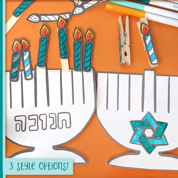 Clothespin Menorah Hanukkah Craft and Coloring Pages for Kids - Printable Paper Craft  | Menorah for Toddlers  | Chanukah Paper Toy Template