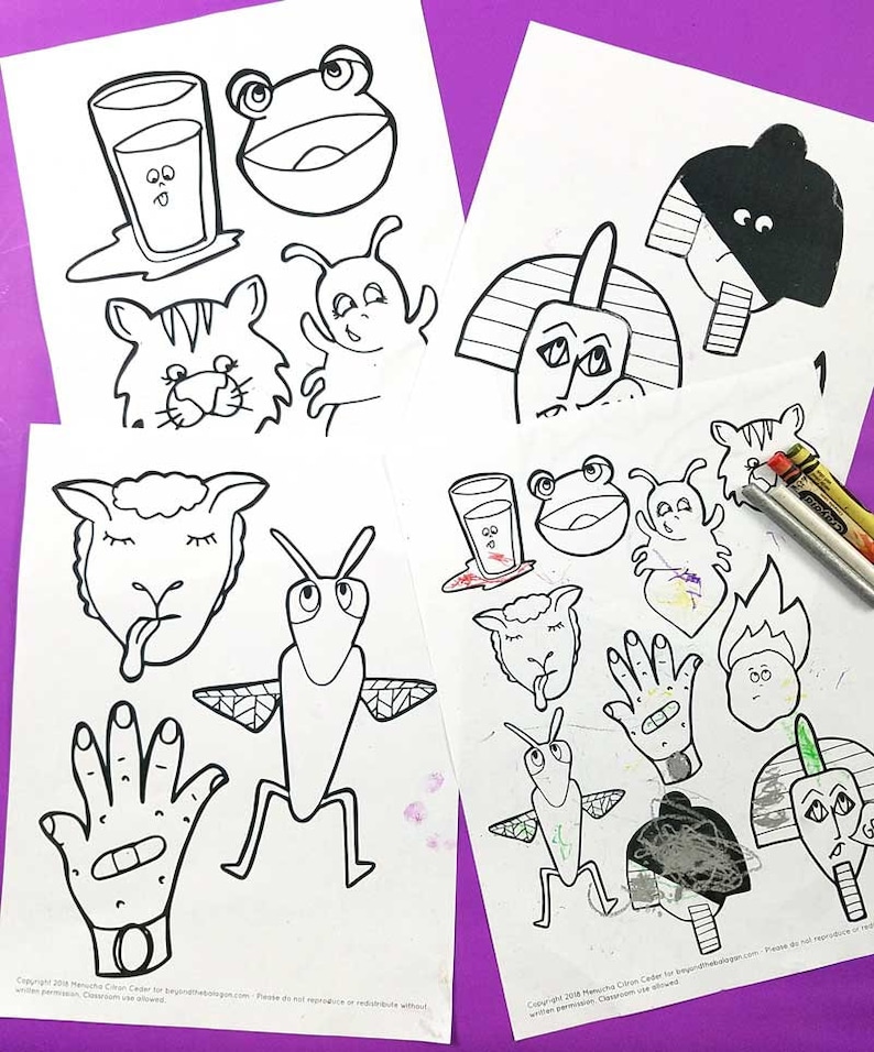 Passover Puppets PUPPETS Coloring Pages Duo printable Pesach character and ten plagues makkot puppets a Pesach activity and toy for kids image 2