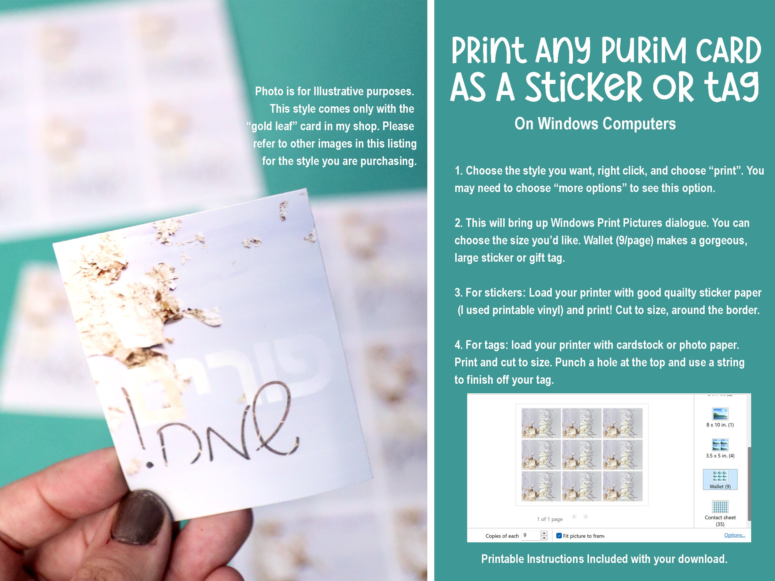 Gold Leaf Printable Purim Cards Flat Hebrew and English Happy Purim ...