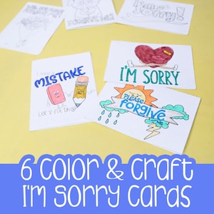 May include: A collection of six handmade "I'm Sorry" cards with colorful illustrations and text. The cards feature drawings of a heart, sun, pencil, and eraser, with phrases like "I'm Sorry" and "Please Forgive". The cards are on a yellow background.