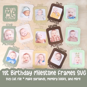 May include: A set of 12 SVG cut files for creating milestone frames for a baby's first birthday. The frames are designed to hold photos of the baby at each month of their first year. The frames feature different colors and designs, including green, brown, and gold. The text "Watch Me Grow" is featured on one of the frames.