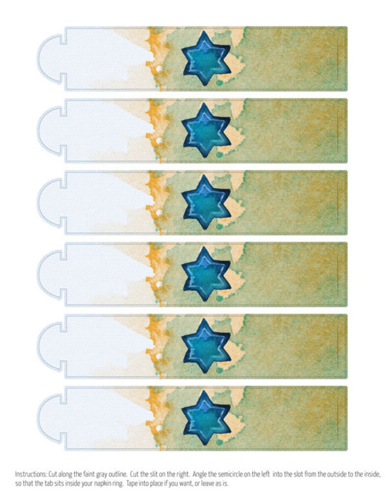 Star of David Napkin Rings for Hanukkah or Bar Bat Mitzvah Printable Chanukah Table Decor with watercolor art Judaica Paper Napkin Wraps image 2