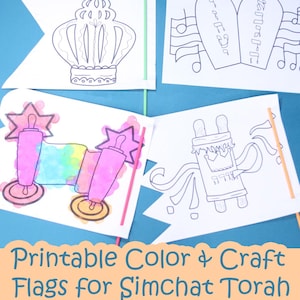 May include: Four printable coloring pages for Simchat Torah. The pages feature a crown, a Torah scroll, the Ten Commandments, and a Torah scroll with a crown. The pages are designed to be cut out and used as flags.
