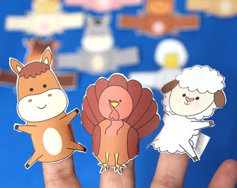 10 Farm Animal Finger Puppets - FULL COLOR printable paper toys - Kids' Paper Craft with Turkey Cow Horse Donkey Duck Sheep Pig and More