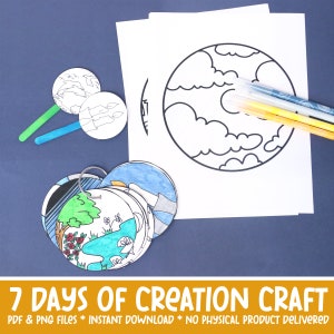 Puede incluir: Una actividad artesanal imprimible para que los niños aprendan sobre los siete días de la creación. La manualidad incluye un círculo con nubes y un conjunto de siete círculos con diferentes escenas de la historia de la creación. El texto en la parte inferior de la imagen dice "7 Days of Creation Craft".