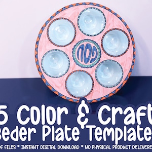May include: Five printable templates for a Passover Seder plate. Each template features a different color scheme with a pink background and blue and orange accents. The center of the plate features the Hebrew word "Pesach" in a decorative font.