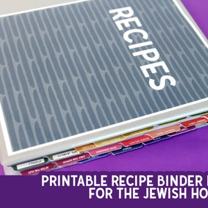 May include: A clear binder with a gray cover featuring the word "RECIPES" in white. The cover has a pattern of vertical gray strokes. Colorful tab dividers label sections for various Jewish holidays and meals. The text "PRINTABLE RECIPE BINDER KIT FOR THE JEWISH HOME" is at the bottom.