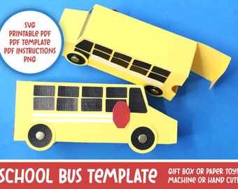Modèle SVG d'autobus scolaire | Fabriquer un jouet en papier ou une boîte-cadeau de chauffeur de bus | Fichier de coupe SVG pour Cricut et PDF imprimable