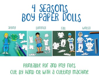 May include: Four printable paper dolls representing the four seasons. Each doll is a boy with different clothing options for spring, summer, fall, and winter. The dolls are on a blue, green, and white background. The text "4 Seasons Boy Paper Dolls" is at the top of the image. The text "Printable PDF and PNG Files Cut By Hand Or With A Cutting Machine" is at the bottom of the image.